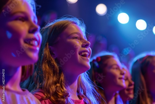 Group of children is mesmerized watching a stage performance, surrounded by vibrant stage lighting