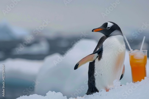Image features a penguin standing next to a cocktail glass in a snow-covered environment