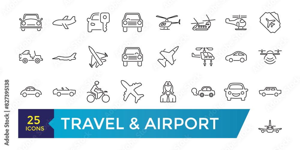 Travel and Airport line icon set. Contains linear outline icons like Plane, Ticket, Baggage, Transport, Luggage, Airplane. Editable vector illustration. Travel and Airport line icon set. Contains linear outline icons like Plane, Ticket, Baggage, Transport, Luggage, Airplane. Editable vector illustration.