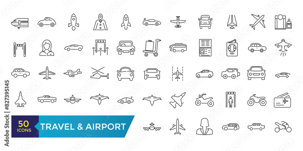 Travel and Airport line icon set. Contains linear outline icons like Plane, Ticket, Baggage, Transport, Luggage, Airplane. Editable vector illustration.