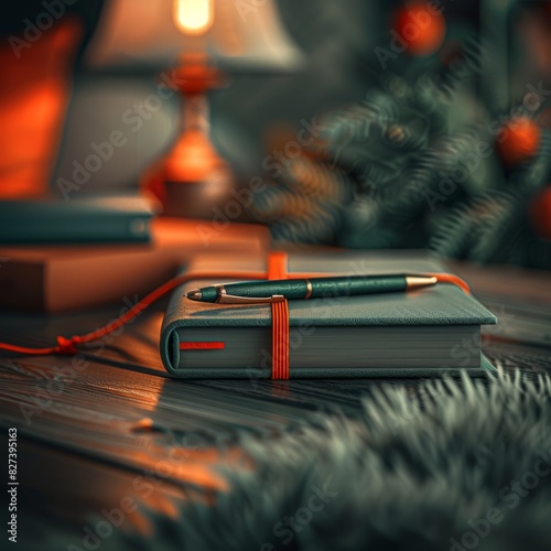 A cozy desk setup with a closed journal tied with a ribbon, a pen, warm lighting, and festive decorations, creating an inviting atmosphere. 