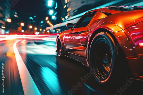 A high-speed sports car driving at night, Dynamic high-speed motion blur of a vibrant sports car on a city road, AI generated