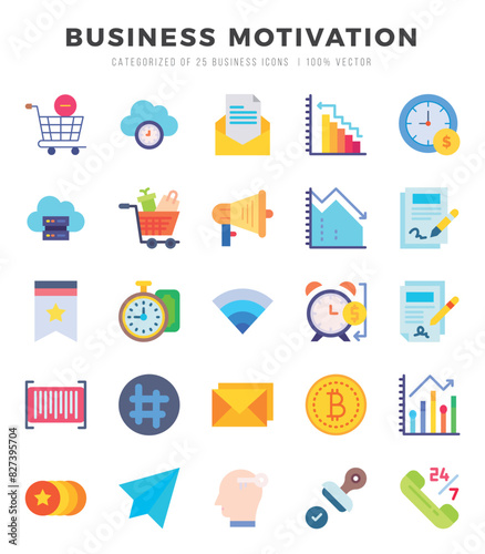 BUSINESS MOTIVATION icons set. Collection of simple Flat web icons.
