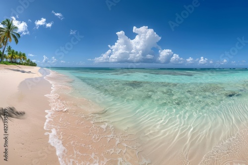 Idyllic Tropical Beach with Crystal Clear Water and Palm Trees on a Sunny Day