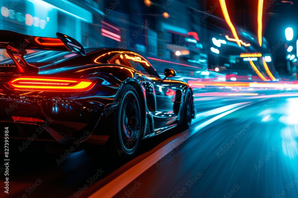 A high-speed sports car driving at night, Dynamic high-speed motion blur of a vibrant sports car on a city road, AI generated A high-speed sports car driving at night, Dynamic high-speed motion blur of a vibrant sports car on a city road, AI generated