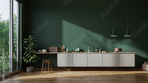 Dark green wall mock up kitchen room and minimalist interior design. Generative AiAi photo