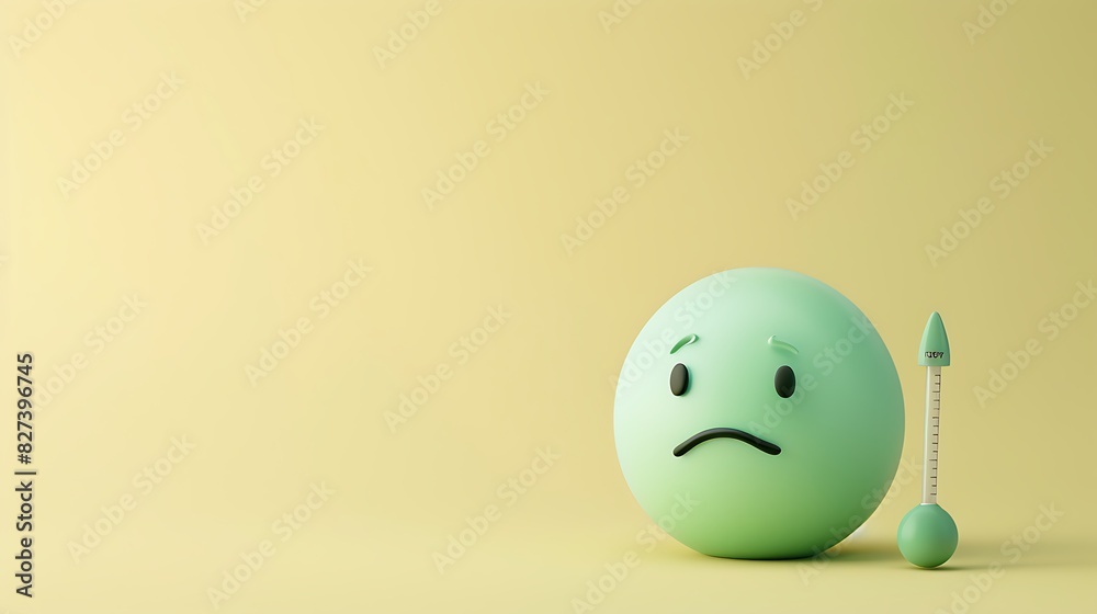 sick emoji on a pastel yellow background with space for copy The emoji is light green with a thermometer sick emoji on a pastel yellow background with space for copy The emoji is light green with a thermometer