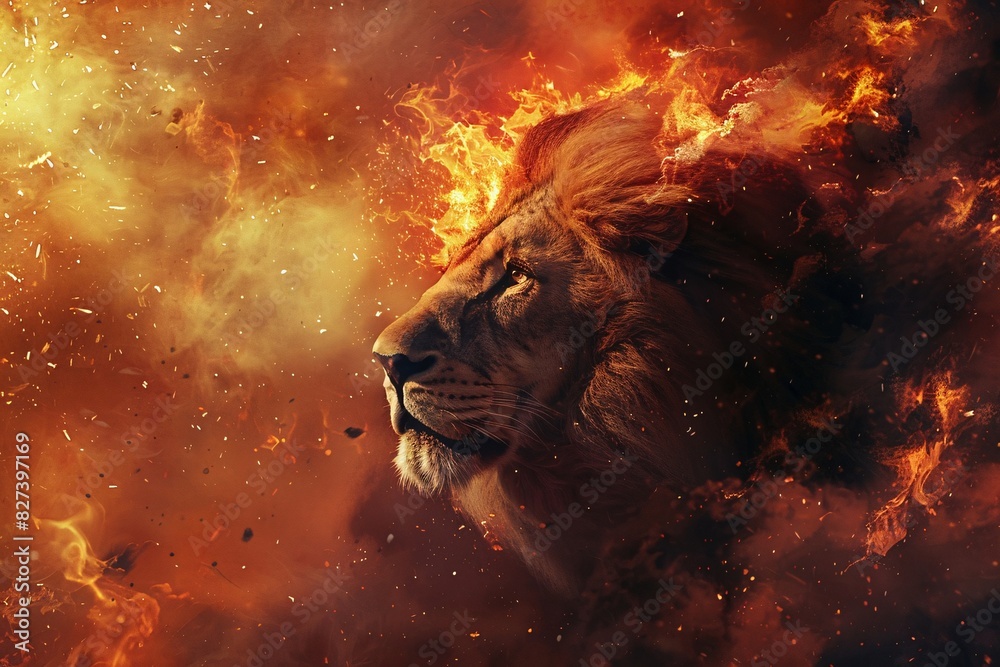 Naklejka premium Raging Lion in Apocalyptic Chaos