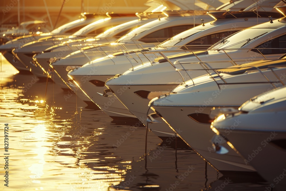 Fototapeta premium Tranquil harbor private boats at sunset with golden hour light, ideal for text placement