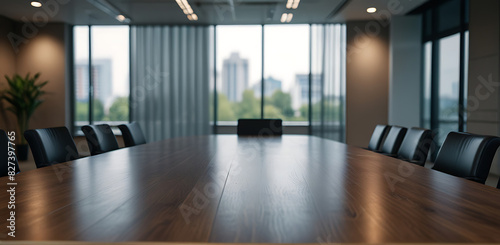 Modern office interior with panoramic windows and beautiful lighting.