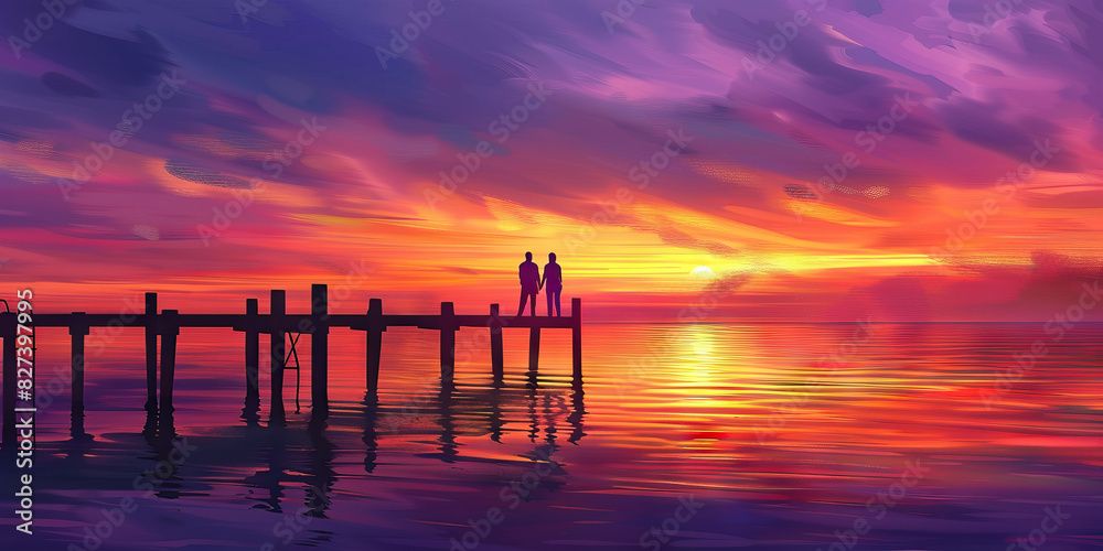 Harbor Sunset: A couple standing on a pier overlooking a harbor at sunset, with pastel hues of orange and purple in the sky reflecting on the water, creating a serene and romantic scene