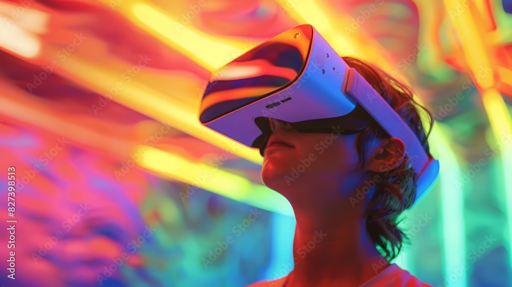 A teenager with VR goggles explores the metaverse, encountering a fantastical realm of vivid colors and interactive experiences. A teenager with VR goggles explores the metaverse, encountering a fantastical realm of vivid colors and interactive experiences.