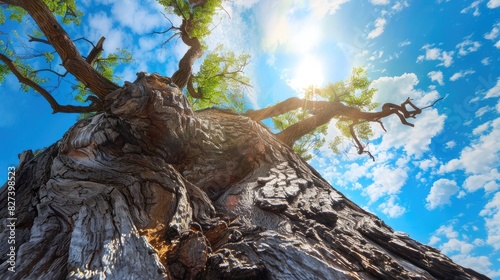 Old oak tree trunk under sunny blue sky