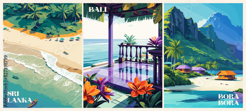 Set of Travel Destination Posters in retro style. Sri Lanka, Bali, Indonesia, Bora Bora prints. Exotic summer vacation, holidays, tourism concept. Vintage vector colorful illustrations.