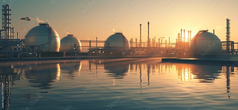 Fototapeta premium Industrial Sunset: Refinery Facility with Gas Storage Tanks