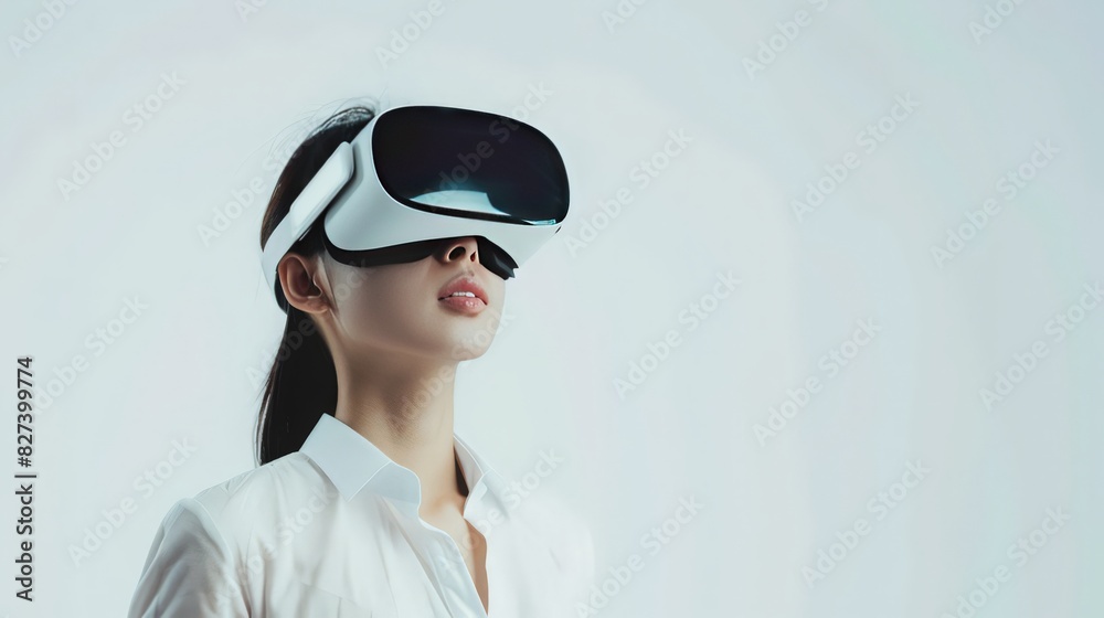 Against a white background, a woman in a white shirt uses VR glasses to engage with the metaverse, Against a white background, a woman in a white shirt uses VR glasses to engage with the metaverse,