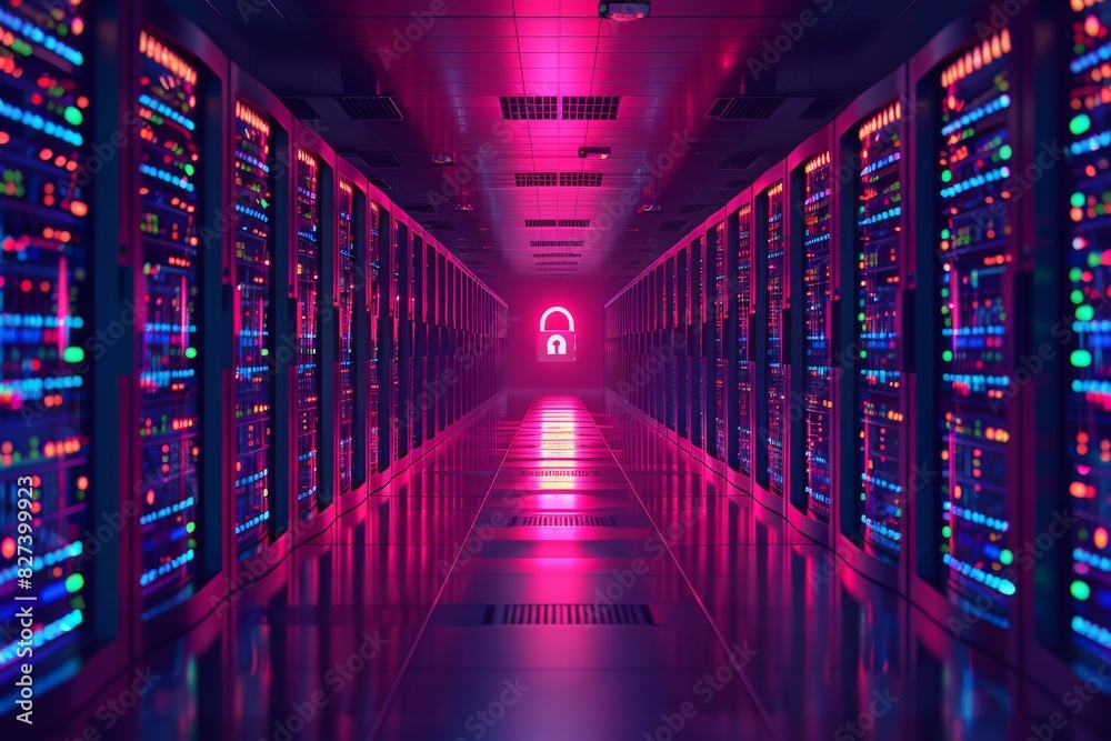 Futuristic data center hallway with a pink and blue glow, representing advanced technology and modern infrastructure