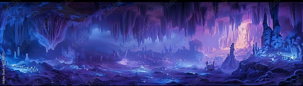 A vast network of subterranean caves featuring stalactites and stalagmites that form natural cathedrals and halls, blacklight effect A vast network of subterranean caves featuring stalactites and stalagmites that form natural cathedrals and halls, blacklight effect