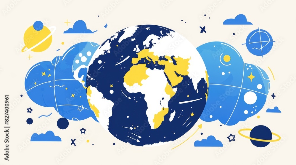 Naklejka premium A charming hand drawn cartoon depiction of Earth showcasing two different angles of the planet highlighting the continents of America Europe and Africa on a world map This outline drawing f