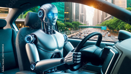 AI robot driving car, concept of self-driving autonomous vehicles and artificial intelligence.