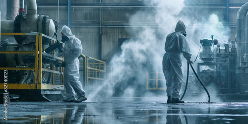 Industrial cleaning staff in protective gear conduct deep cleaning with high pressure equipment in a factory