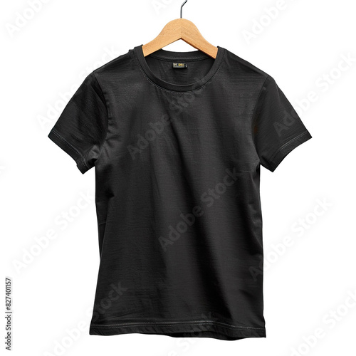 Front view of a black women's t-shirt on a wooden hanger isolated on a white transparent background © CrazeePixelINC