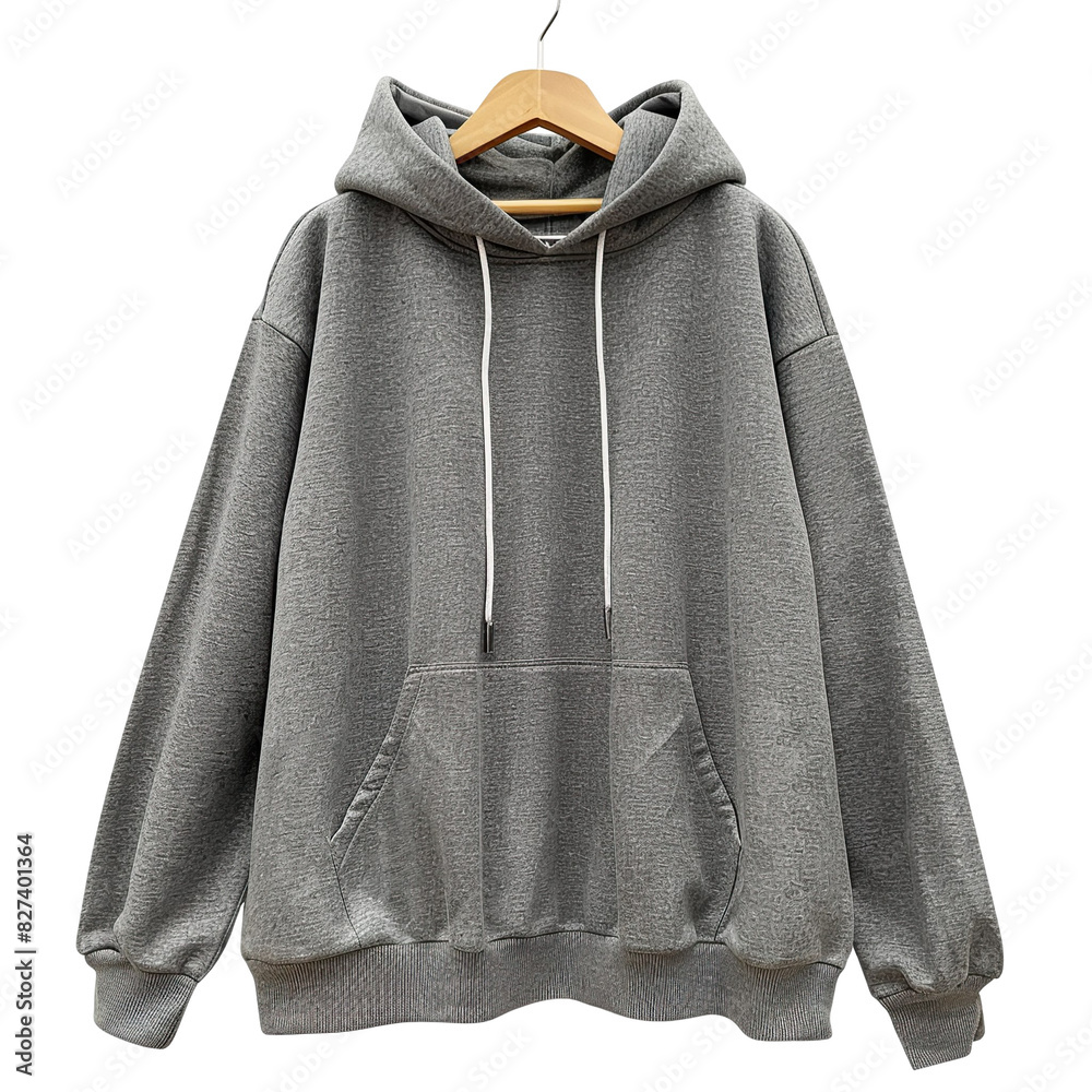 Front view of a gray women's hoodie on a wooden hanger isolated on a white transparent background