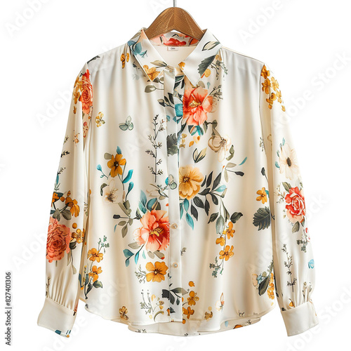 Front view of a floral women's blouse on a wooden hanger isolated on a white transparent background © CrazeePixelINC