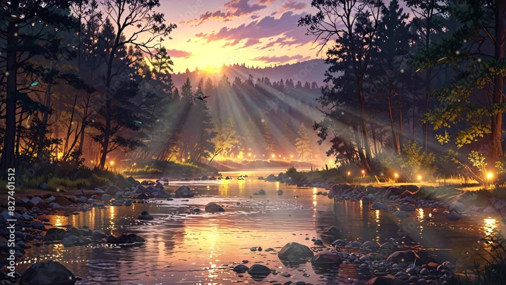 custom made wallpaper toronto digitalSunrise reflected in an illustrated river, with leaves and butterflies, showcased in a 4K video.