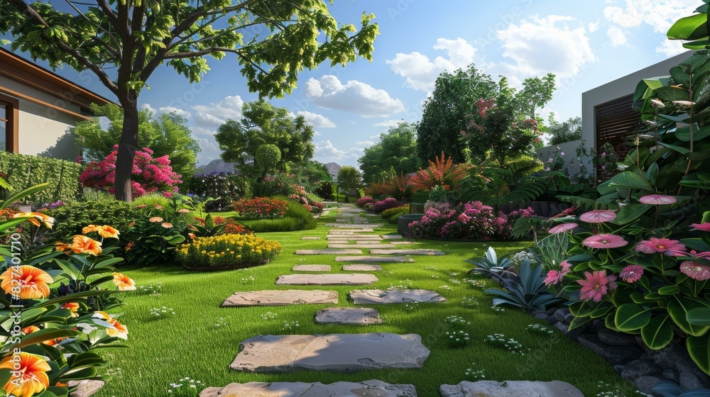 Obraz premium The colorful garden with stone slab path