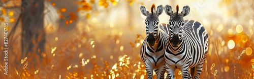 two zebras are standing in field flying yellow flower background  golden effect of enviorment display nature nature photography