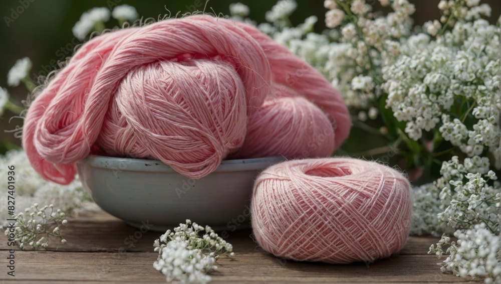 a pile of leftover pink and white yarn in a plate a pile of leftover pink and white yarn in a plate