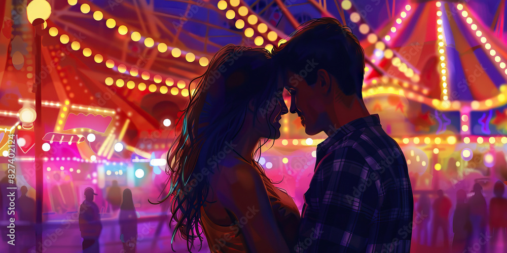 Carnival Date: A couple at a carnival, with pastel-colored lights and rides in the background, enjoying a fun and playful date together