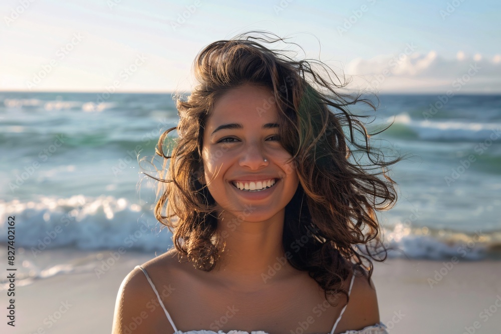 Smiling Woman with Wavy Hair by the Ocean