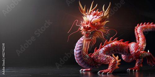 Beautiful Dragon with head with a red and yellow tail in black background