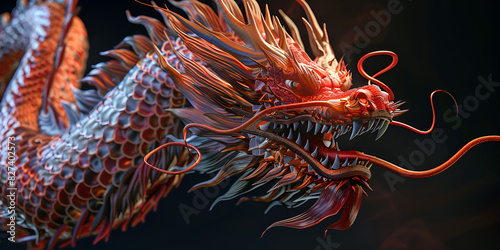  dragon head with a red and yellow tail  with red tong dragon fantasy art on black background