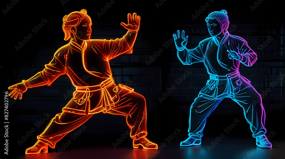 Naklejka premium Neon lighting background with shapes of People Practicing Kungfu