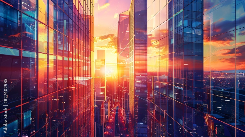 Obraz premium Cyberpunk Cityscape with Reflective Glass Buildings at Sunset