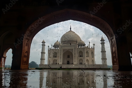 Stunning Monsoon Majesty: India's Taj Mahal Reflected on Rain-Soaked Grounds, Symbolizing the Regal Touch of Monsoon Season - Rain Season Photo Stock Concept See Less