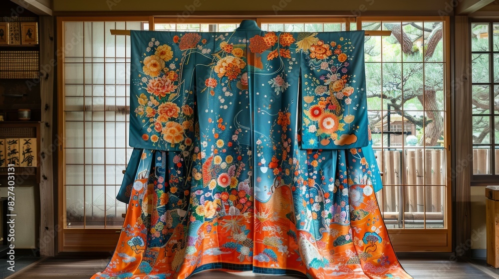 A kimono with a floral pattern and a blue background