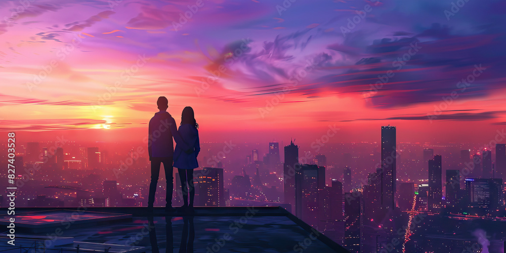 Cityscape Sunset: A couple standing on a rooftop overlooking a city skyline at sunset, with pastel hues of orange and purple in the sky, enjoying the view and each other's company Cityscape Sunset: A couple standing on a rooftop overlooking a city skyline at sunset, with pastel hues of orange and purple in the sky, enjoying the view and each other's company