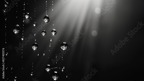 close-up of a glistening spider web with water drops on a black background