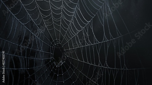 close-up of a glistening spider web with water drops on a black background