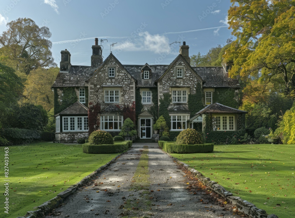 Large English Countryside Stone House with Long Driveway and Expansive Front Lawn