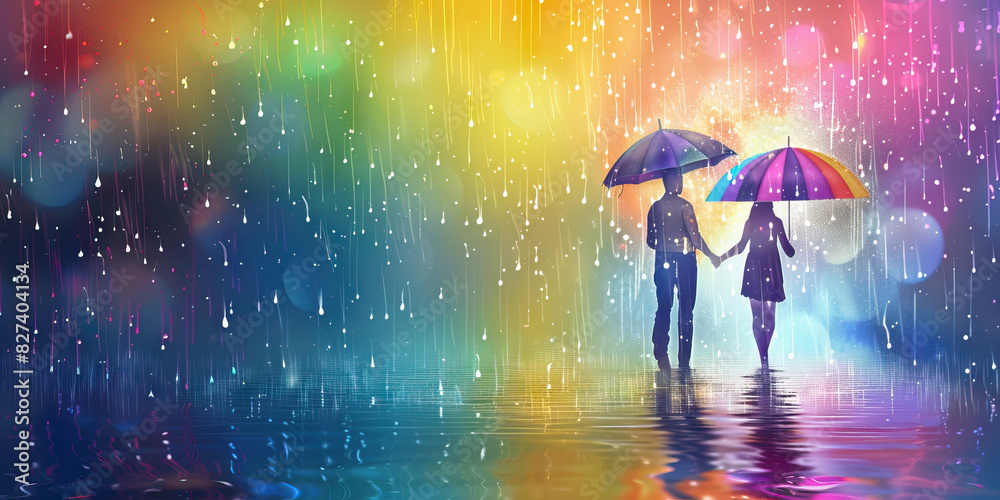 Rainbow Umbrella: A couple walking in the rain under a rainbow-colored umbrella, with pastel raindrops falling around them, creating a romantic and colorful scene Rainbow Umbrella: A couple walking in the rain under a rainbow-colored umbrella, with pastel raindrops falling around them, creating a romantic and colorful scene