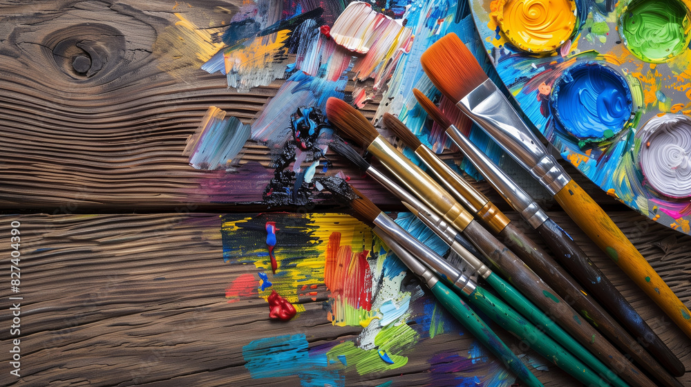 Fototapeta premium Crafting Essentials: Paint Brushes, Palette, Acrylic Paints on Wooden Table