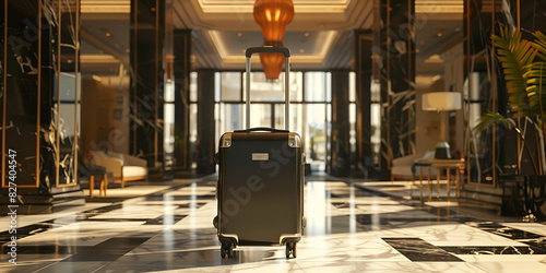 Luxury suitcases in a stylish boutique hotel lobby. Vacation concept and luxury travel. Website background Modern Lobby Interior Concept photo