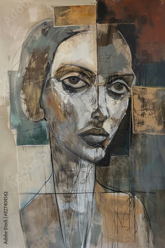 An illustration of a woman Abstract painting with overlaid squares creating a unique composition