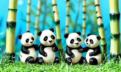 Panda family portrait in bamboo forest photo