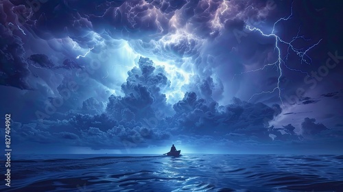 A boat is sailing in the ocean during a storm. The sky is dark and cloudy, and there are many lightning bolts. Scene is tense and dramatic